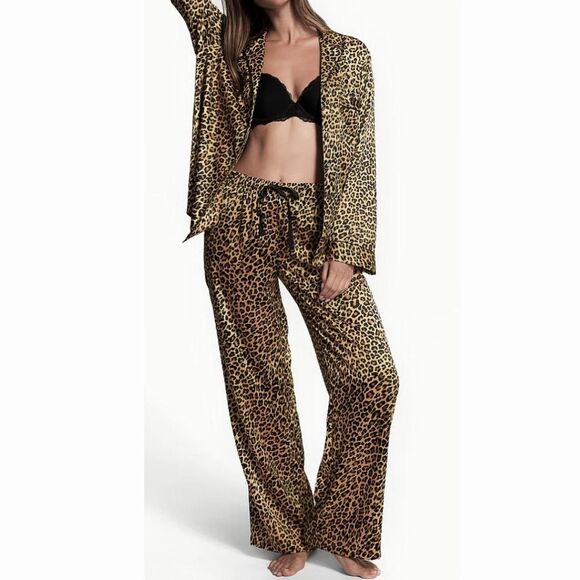Victoria's Secret Satin Leopard 2 Piece Pajama Set Sz M - Picture 1 of 4